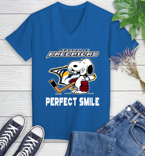NHL Nashville Predators Snoopy Perfect Smile The Peanuts Movie Hockey T Shirt Women's V-Neck T-Shirt 10