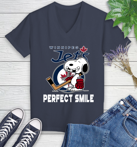 NHL Winnipeg Jets Snoopy Perfect Smile The Peanuts Movie Hockey T Shirt Women's V-Neck T-Shirt 12
