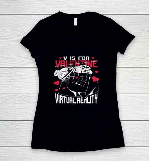 V Is For Virtual Reality Funny Valentine Couples Lovers Kiss Women's V-Neck T-Shirt 8