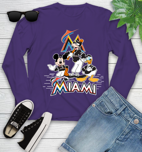 MLB Miami Marlins Mickey Mouse Donald Duck Goofy Baseball T Shirt Youth Long Sleeve 4