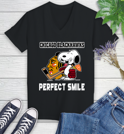 NHL Chicago Blackhawks Snoopy Perfect Smile The Peanuts Movie Hockey T Shirt Women's V-Neck T-Shirt