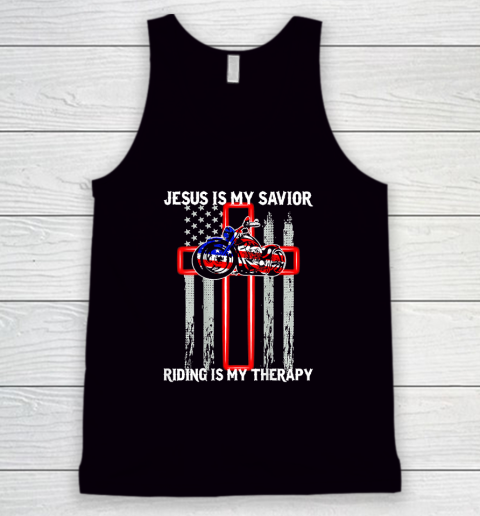 Jesus Is My Savior Riding Is My Therapy American Flag Cross Tank Top