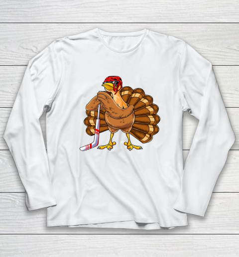 Thankful Shirt Youth Hockey Thanksgiving Turkey Ice Hockey Long Sleeve T-Shirt