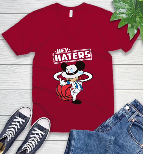 NBA Hey Haters Mickey Basketball Sports Miami Heat V-Neck T-Shirt 7