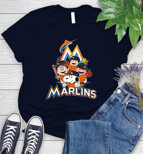 MLB Miami Marlins Snoopy Charlie Brown Woodstock The Peanuts Movie Baseball T Shirt Women's T-Shirt 2