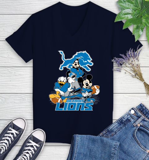 NFL Detroit Lions Mickey Mouse Donald Duck Goofy Football Shirt Women's V-Neck T-Shirt 2