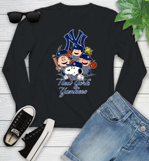 MLB New York Yankees Snoopy Charlie Brown Woodstock The Peanuts Movie Baseball T Shirt_000 Youth Long Sleeve