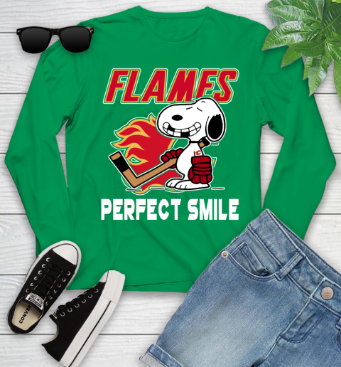 NHL Calgary Flames Snoopy Perfect Smile The Peanuts Movie Hockey T Shirt Youth Long Sleeve 7