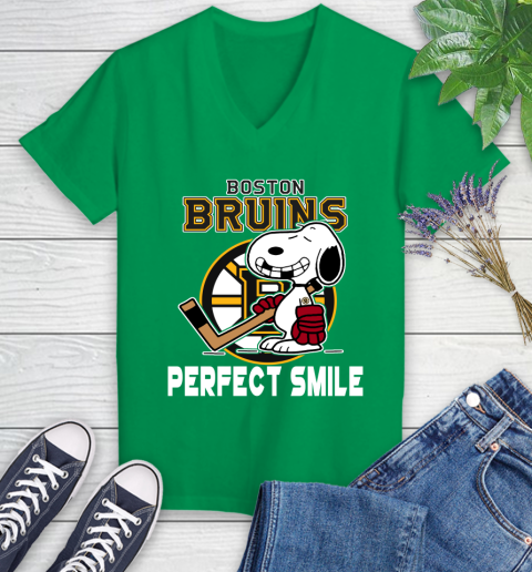 NHL Boston Bruins Snoopy Perfect Smile The Peanuts Movie Hockey T Shirt Women's V-Neck T-Shirt 5