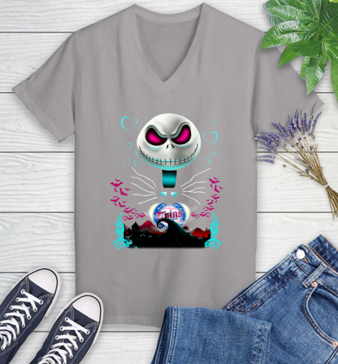 MLB Minnesota Twins Jack Skellington Sally The Nightmare Before Christmas Baseball Women's V-Neck T-Shirt 4