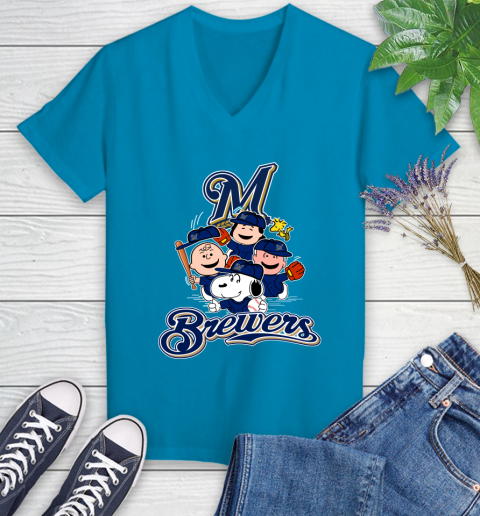 MLB Milwaukee Brewers Snoopy Charlie Brown Woodstock The Peanuts Movie Baseball T Shirt_000 Women's V-Neck T-Shirt 7