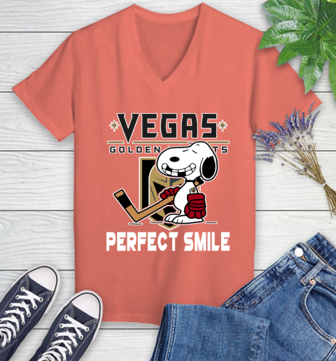 NHL Vegas Golden Knights Snoopy Perfect Smile The Peanuts Movie Hockey T Shirt Women's V-Neck T-Shirt 6