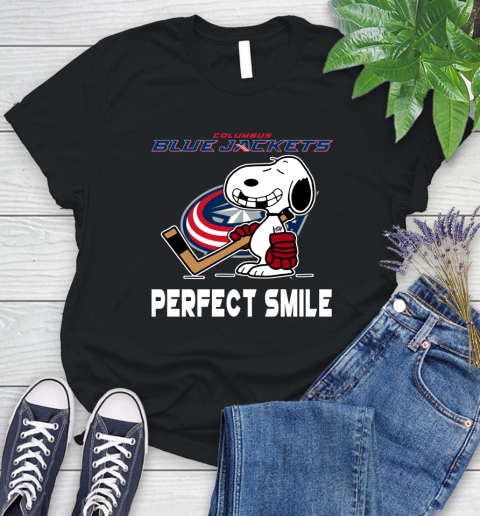 NHL Columbus Blue Jackets Snoopy Perfect Smile The Peanuts Movie Hockey T Shirt Women's T-Shirt