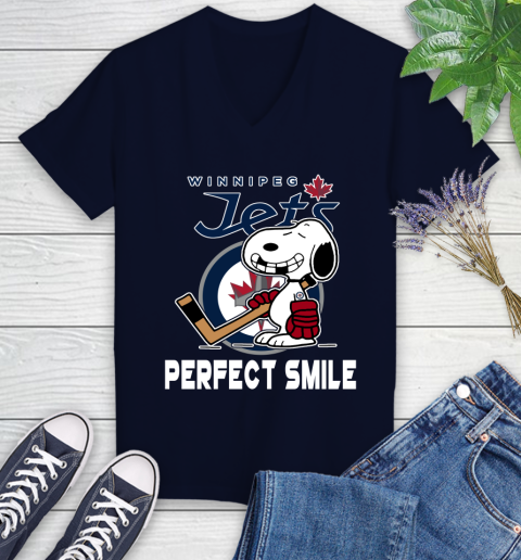 NHL Winnipeg Jets Snoopy Perfect Smile The Peanuts Movie Hockey T Shirt Women's V-Neck T-Shirt 2