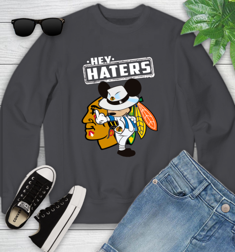 NHL Hey Haters Mickey Hockey Sports Chicago Blackhawks Youth Sweatshirt 5