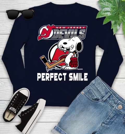 NHL New Jersey Devils Snoopy Perfect Smile The Peanuts Movie Hockey T Shirt Youth Long Sleeve 2