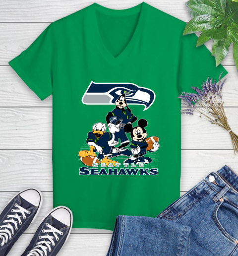 NFL Seattle Seahawks Mickey Mouse Donald Duck Goofy Football Shirt Women's V-Neck T-Shirt 5