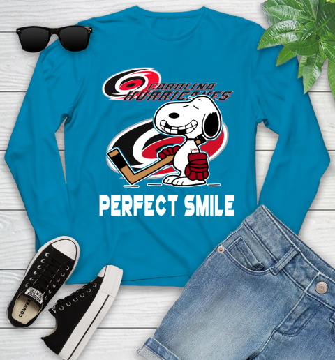NHL Carolina Hurricanes Snoopy Perfect Smile The Peanuts Movie Hockey T Shirt Youth Long Sleeve 8