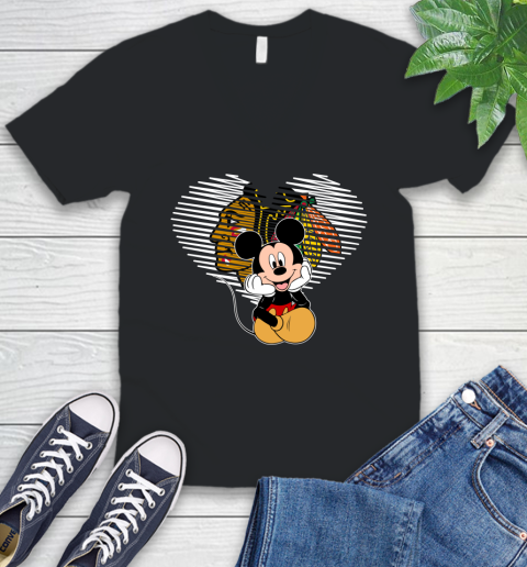 NHL Chicago Blackhawks Carolina Hurricanes The Heart Mickey Mouse Disney Hockey V-Neck T-Shirt