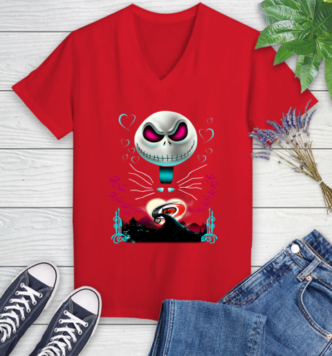 NHL Carolina Hurricanes Jack Skellington Sally The Nightmare Before Christmas Hockey T Shirt Women's V-Neck T-Shirt 11