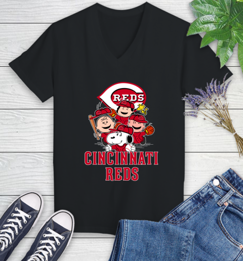 MLB Cincinnati Reds Snoopy Charlie Brown Woodstock The Peanuts Movie Baseball T Shirt_000 Women's V-Neck T-Shirt