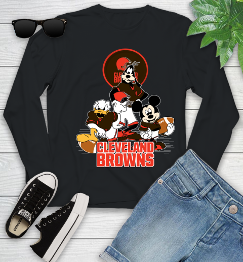 NFL Cleveland Browns Mickey Mouse Donald Duck Goofy Football Shirt Youth Long Sleeve