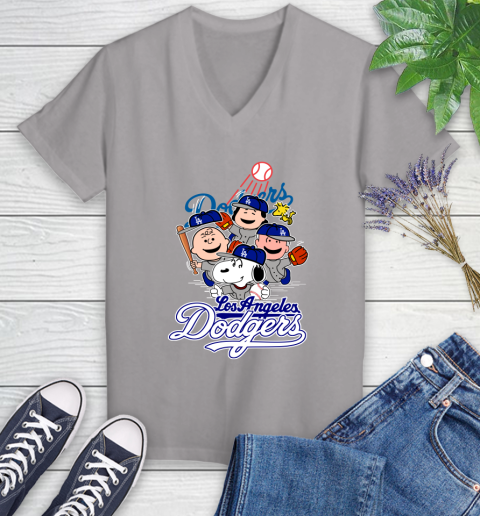 MLB Los Angeles Dodgers Snoopy Charlie Brown Woodstock The Peanuts Movie Baseball T Shirt_000 Women's V-Neck T-Shirt 4