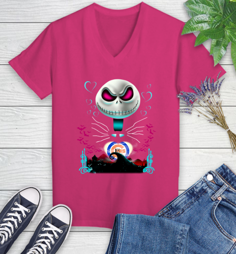 MLB Chicago Cubs Jack Skellington Sally The Nightmare Before Christmas Baseball Women's V-Neck T-Shirt 9