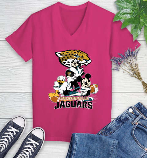 NFL Jacksonville Jaguars Mickey Mouse Donald Duck Goofy Football Shirt Women's V-Neck T-Shirt 9