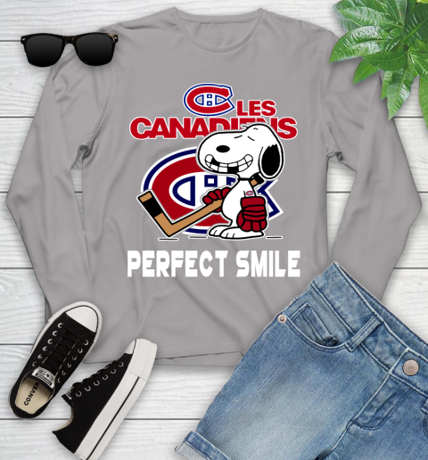 NHL Montreal Canadiens Snoopy Perfect Smile The Peanuts Movie Hockey T Shirt Youth Long Sleeve 5