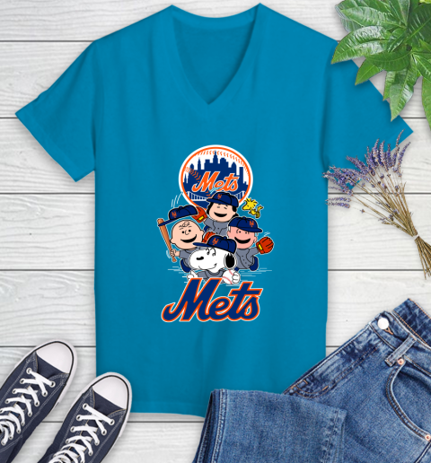 MLB New York Mets Snoopy Charlie Brown Woodstock The Peanuts Movie Baseball T Shirt Women's V-Neck T-Shirt 7