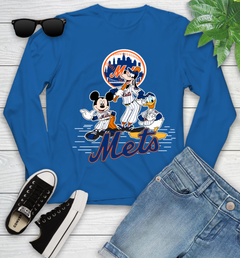 MLB New York Mets Mickey Mouse Donald Duck Goofy Baseball T Shirt Youth Long Sleeve 10
