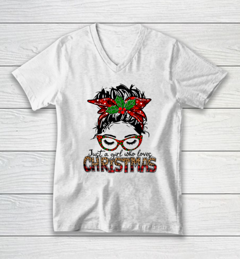 Just A Girl Who Loves Christmas Buffalo Plaid Messy Bun Girl V-Neck T-Shirt