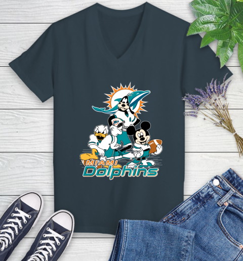 NFL Miami Dolphins Mickey Mouse Donald Duck Goofy Football Shirt Women's V-Neck T-Shirt 8