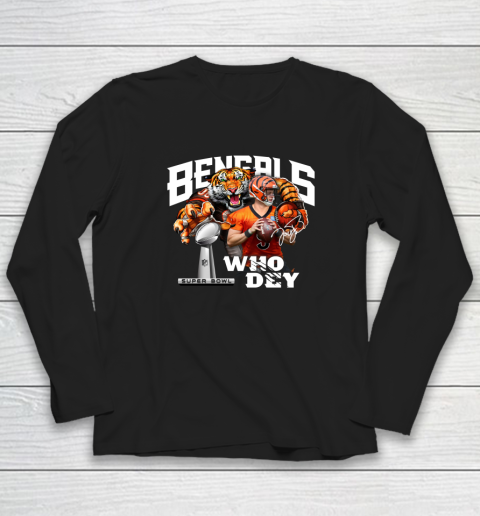 Cincinnati Bengals 9 Joe Burrow Who Dey Champion Super Bowl Signature Long Sleeve T-Shirt