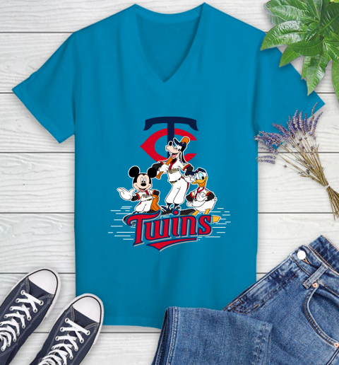 MLB Minnesota Twins Mickey Mouse Donald Duck Goofy Baseball T Shirt Women's V-Neck T-Shirt 7