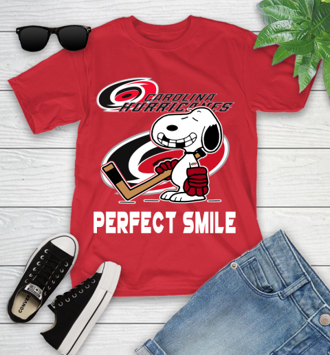 NHL Carolina Hurricanes Snoopy Perfect Smile The Peanuts Movie Hockey T Shirt Youth T-Shirt 13