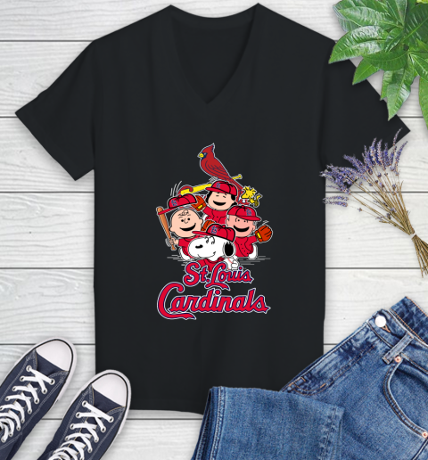 MLB St.Louis Cardinals Snoopy Charlie Brown Woodstock The Peanuts Movie Baseball T Shirt_000 Women's V-Neck T-Shirt