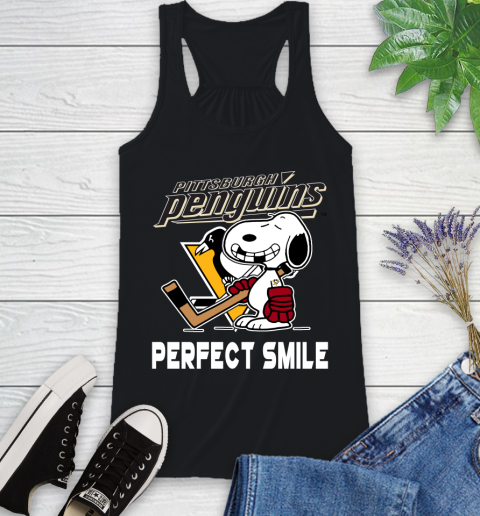 NHL Pittsburgh Penguins Snoopy Perfect Smile The Peanuts Movie Hockey T Shirt Racerback Tank