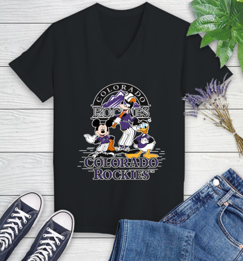 MLB Colorado Rockies Mickey Mouse Donald Duck Goofy Baseball T Shirt Women's V-Neck T-Shirt