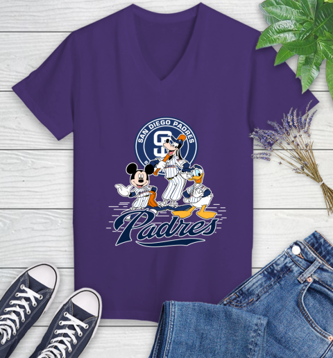 MLB San Diego Padres Mickey Mouse Donald Duck Goofy Baseball T Shirt Women's V-Neck T-Shirt 3