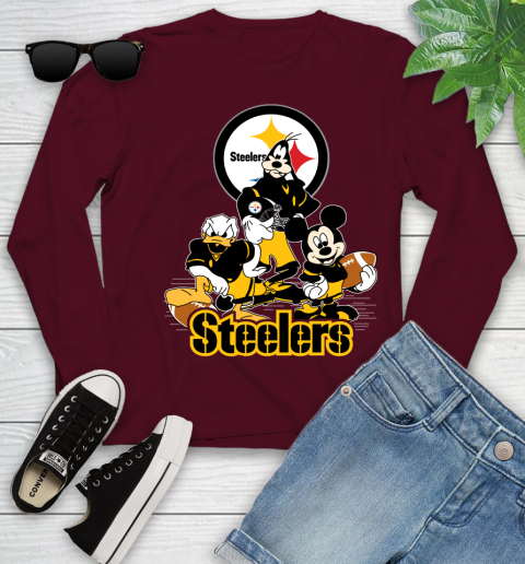 NFL Pittsburgh Steelers Mickey Mouse Donald Duck Goofy Football Shirt Youth Long Sleeve 6