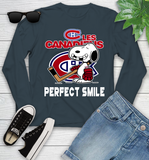 NHL Montreal Canadiens Snoopy Perfect Smile The Peanuts Movie Hockey T Shirt Youth Long Sleeve 9