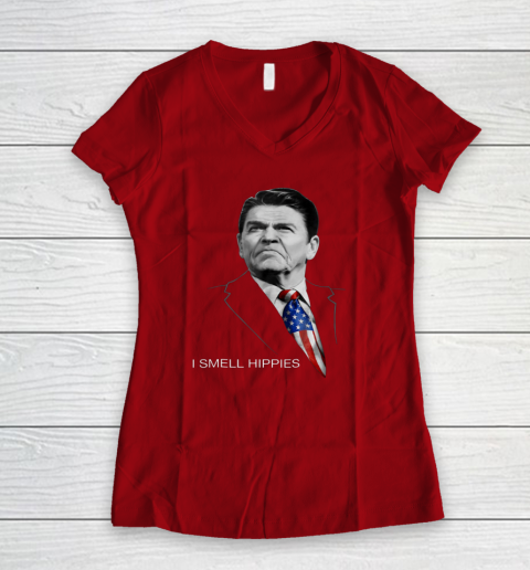I Smell Hippies Ronald Reagan Conservative Women's V-Neck T-Shirt 6