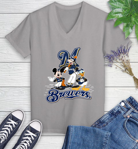 MLB Milwaukee Brewers Mickey Mouse Donald Duck Goofy Baseball T Shirt Women's V-Neck T-Shirt 4