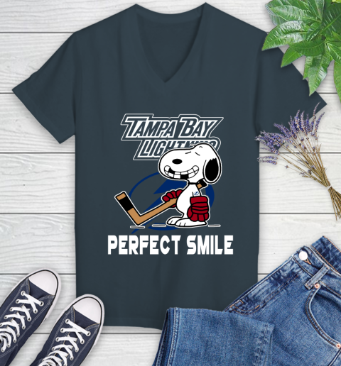 NHL Tampa Bay Lightning Snoopy Perfect Smile The Peanuts Movie Hockey T Shirt Women's V-Neck T-Shirt 8