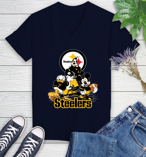 NFL Pittsburgh Steelers Mickey Mouse Donald Duck Goofy Football Shirt Women's V-Neck T-Shirt 2