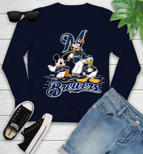 MLB Milwaukee Brewers Mickey Mouse Donald Duck Goofy Baseball T Shirt Youth Long Sleeve 2