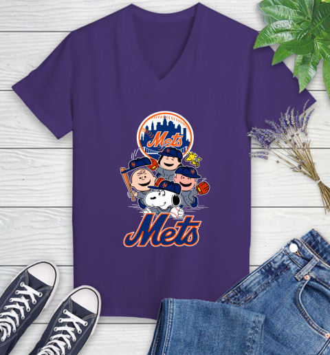 MLB New York Mets Snoopy Charlie Brown Woodstock The Peanuts Movie Baseball T Shirt Women's V-Neck T-Shirt 3