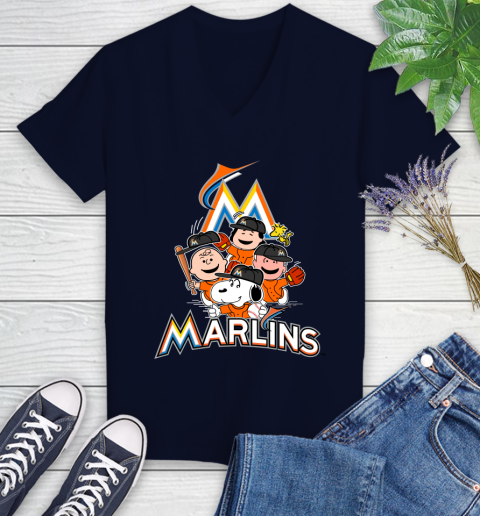 MLB Miami Marlins Snoopy Charlie Brown Woodstock The Peanuts Movie Baseball T Shirt Women's V-Neck T-Shirt 2